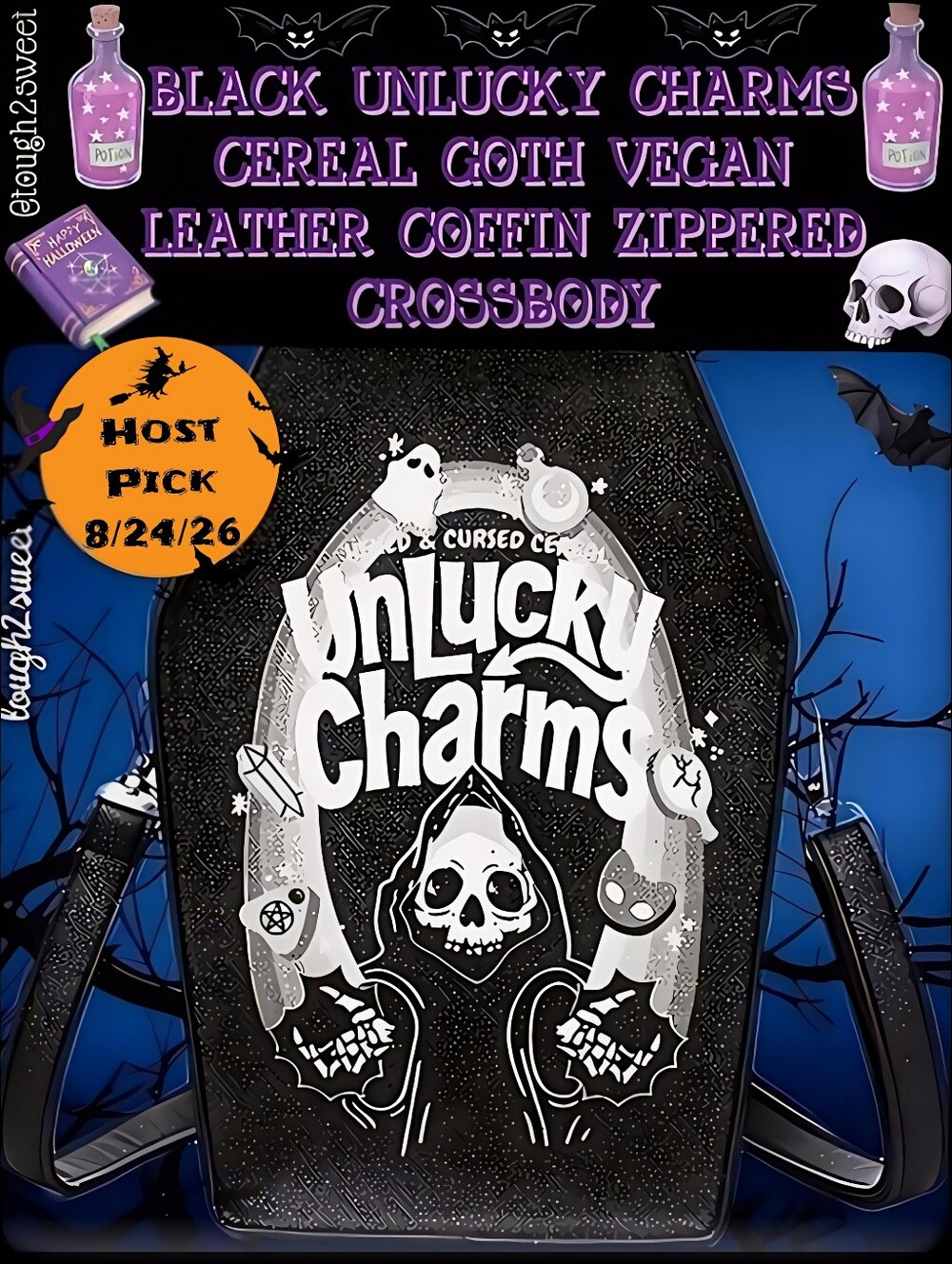 🆕️BLACK UNLUCKY CHARMS CEREAL GOTH VEGAN LEATHER COFFIN CROSSBODY WITH DUST BAG